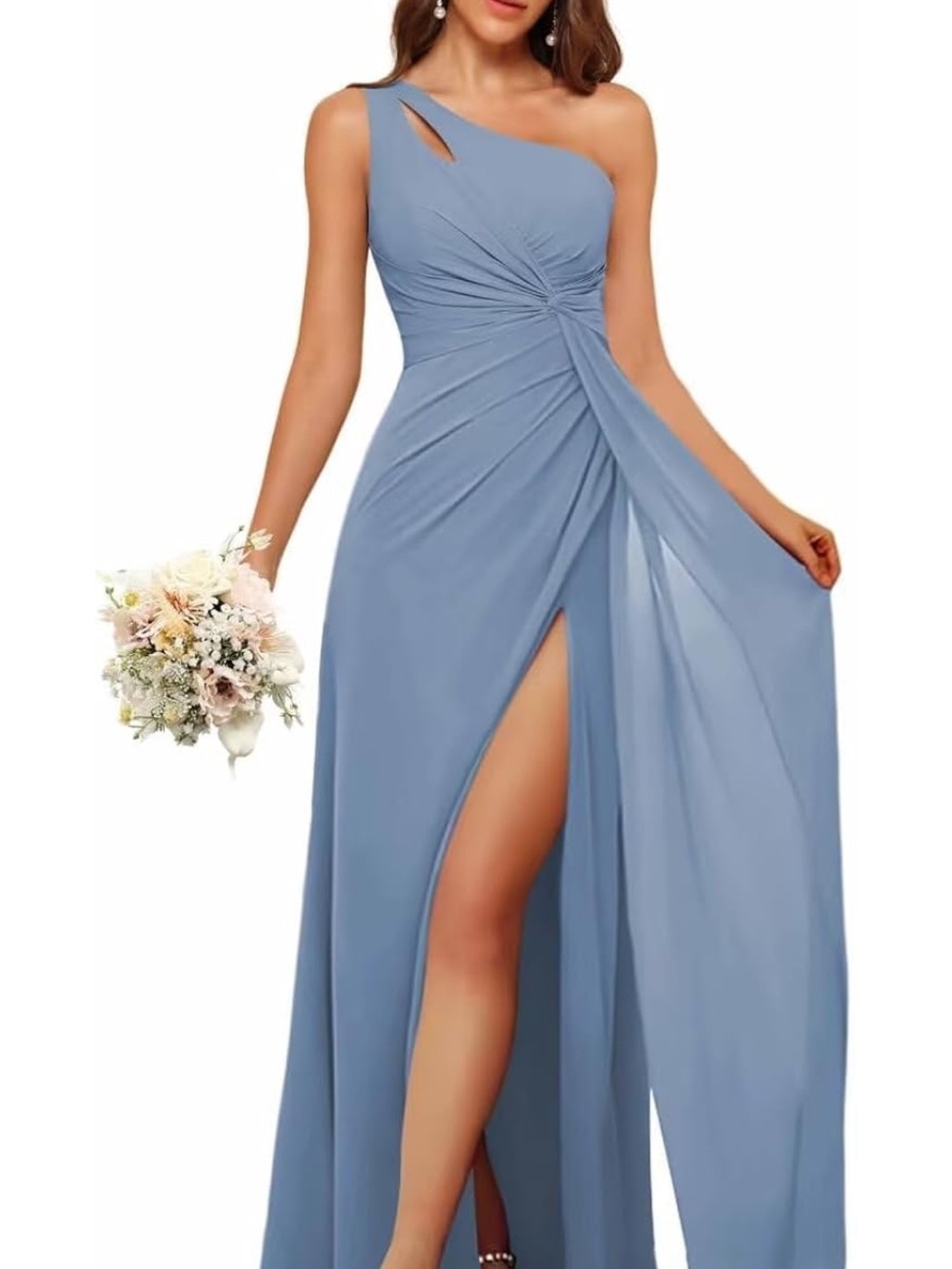 One-Shoulder Slate Blue Bridesmaid Dress/Evening Gown with Side Slit